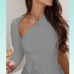 ASYMMETRIC ONE SHOULDER HALTER BODYCON BANDAGE MIDI DRESS - Gray